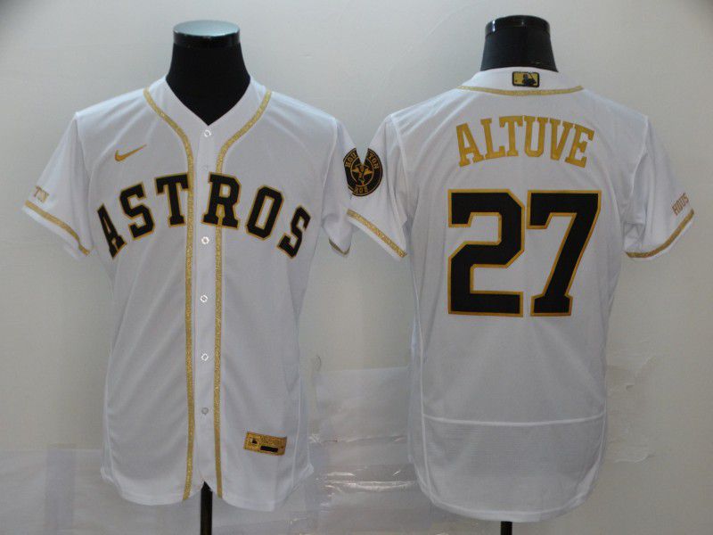 Men Houston Astros #27 Altuve White Retro gold character Nike Elite MLB Jerseys